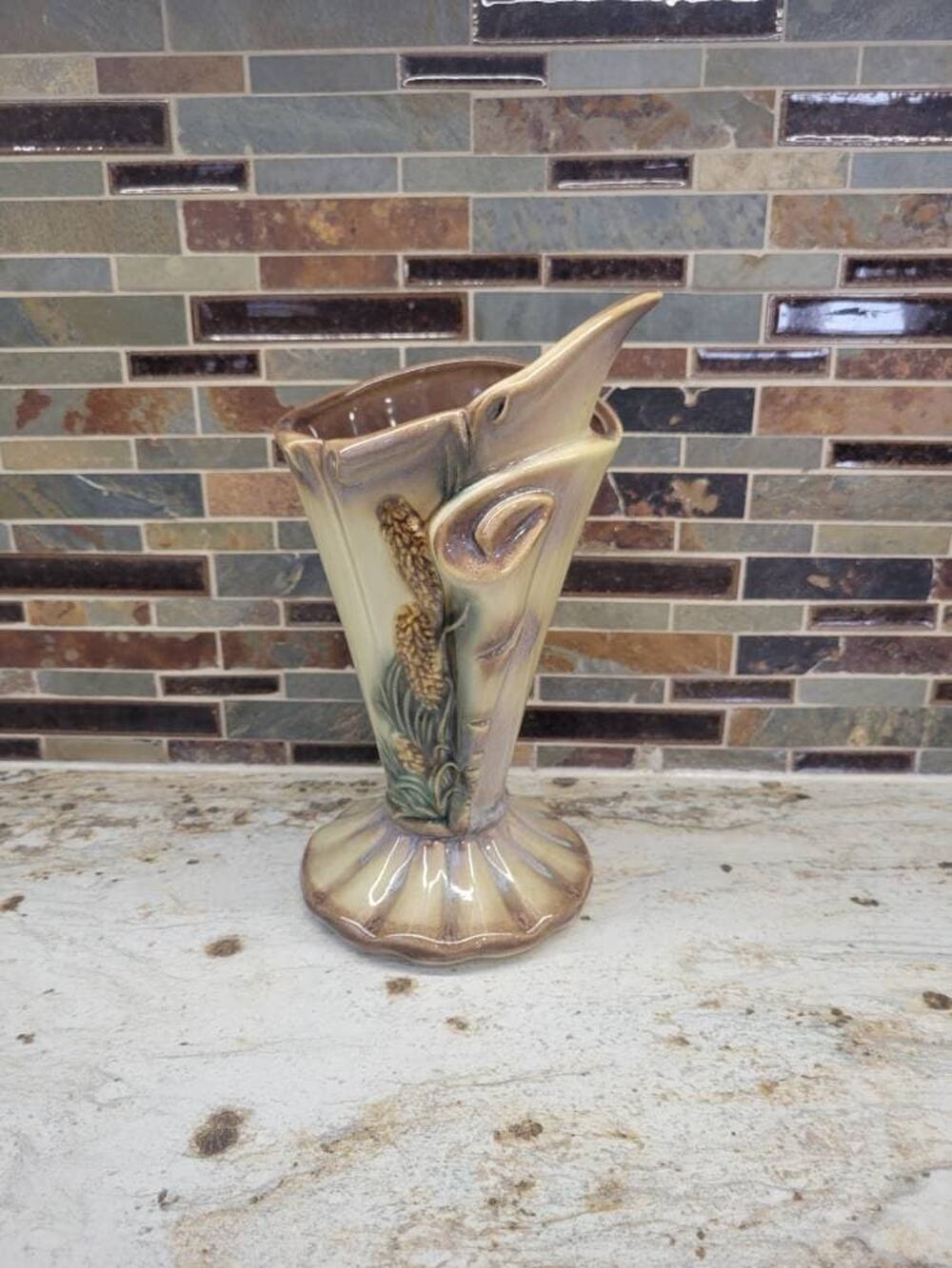 Vintage Hull Pottery Parchment and Pine Vase S-4 Mid Century Pinecone 10" 1950s